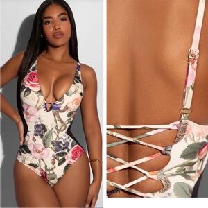 New TA3 Plungey Triangle Contour Rose Bloom Lace Up Shaping Swimsuit S Reg/Long